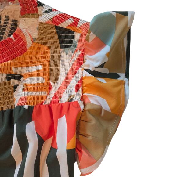 THML Anthropologie Blouse sz Large, Smocked, Flutter Sleeves, Bright Print - Picture 5 of 8
